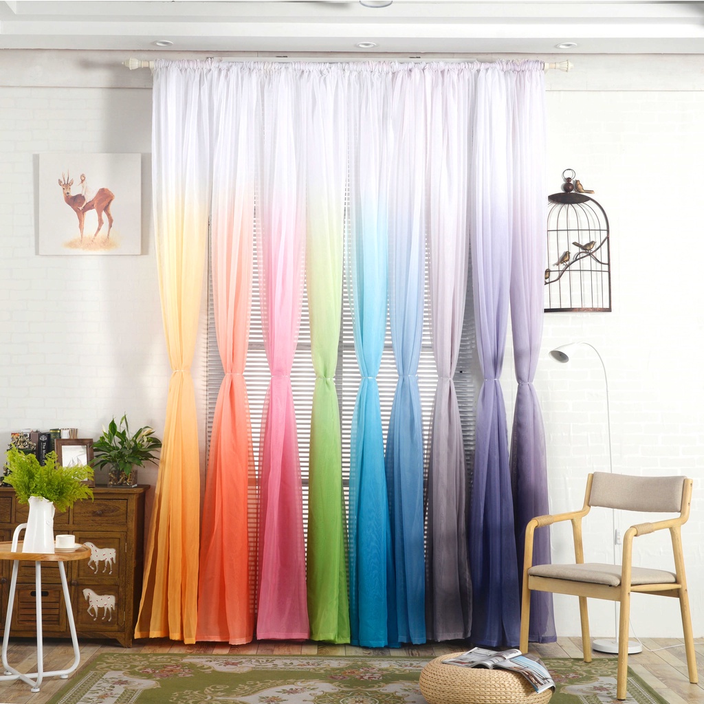 Gradient Curtains Plain Motif Door Decoration Window Curtains Gradient Transparent Smooth Long Ombre S1150