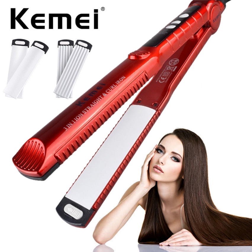 【Malaysia Plug】Kemei 3IN1 Ceramic Hair Straightener Waver Curler Iron / Pelurus Rambut