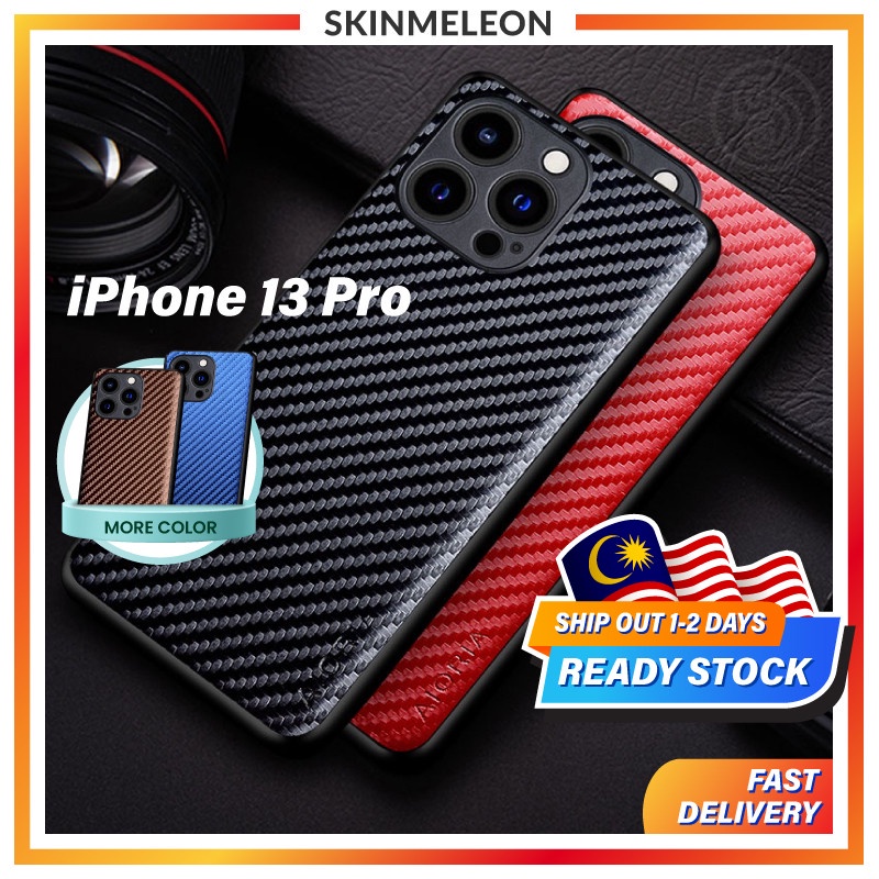 SKINMELEON Casing iPhone 13 Pro Casing Carbon Fibre Pattern PU Leather Camera Protection TPU Hard Cover Phone Case