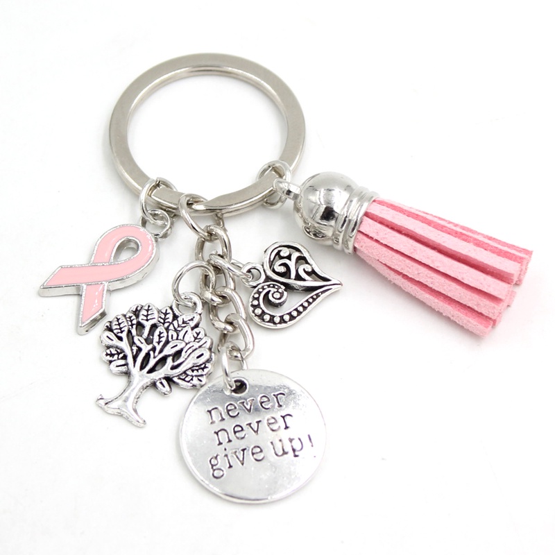 New Arrival Breast Cancer Awareness Pink Ribbon Tassel Keychain Heart Life Tree Keyring Never Give Up Charms Key Chains Jewelry Accessories