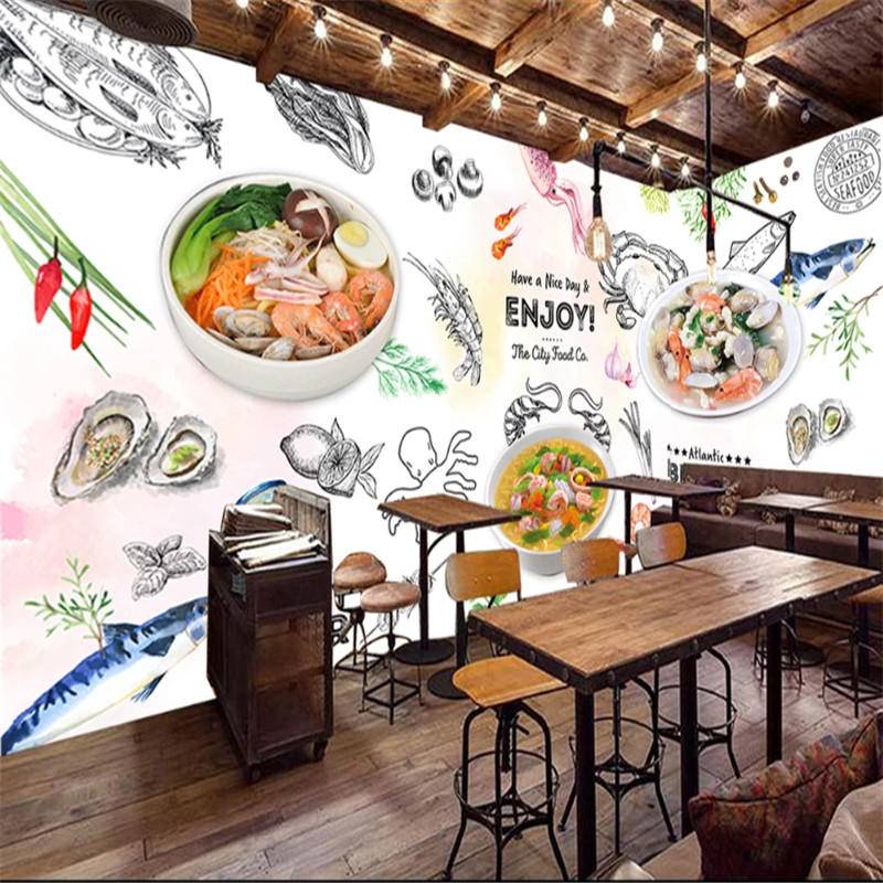 Custom Hand-painted Seafood noodle food wallpaper Background Wall Paper 3D Snack Bar Restaurant Industrial Decor Mural Wallpaper 3D sticker