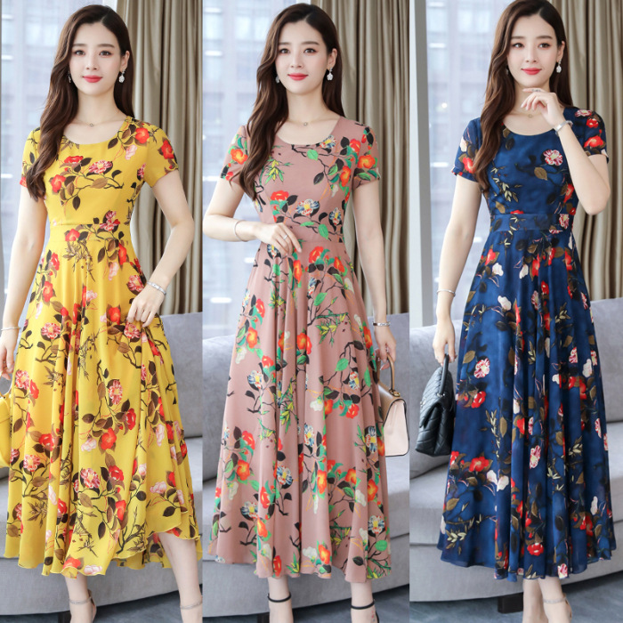 Women's Maxi Dress Summer Floral Print Flower Round Neck Short Sleeve Loose Long Maxi Dress
