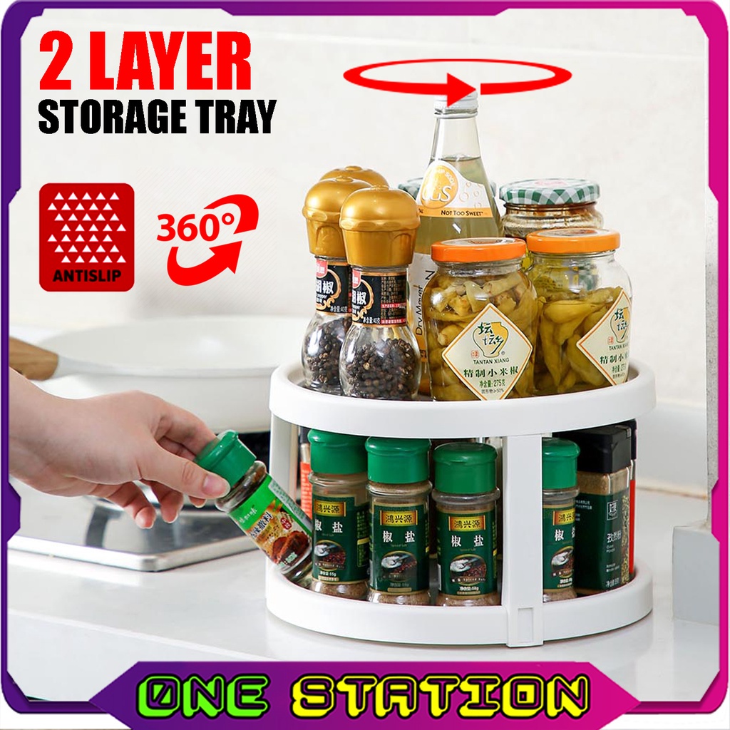 360 ROTATE 2 LAYER STORAGE TRAY 360° Rotating Spice Rack Seasoning ...