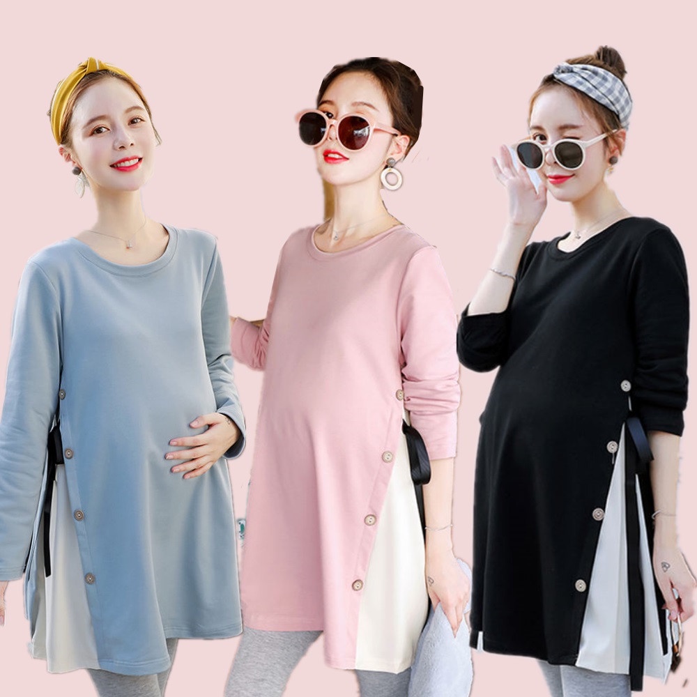[READY STOCK] Long Sleeve Pregnant Woman Loose Maternity Dress Baju Mengandung YD054 (3 Color)