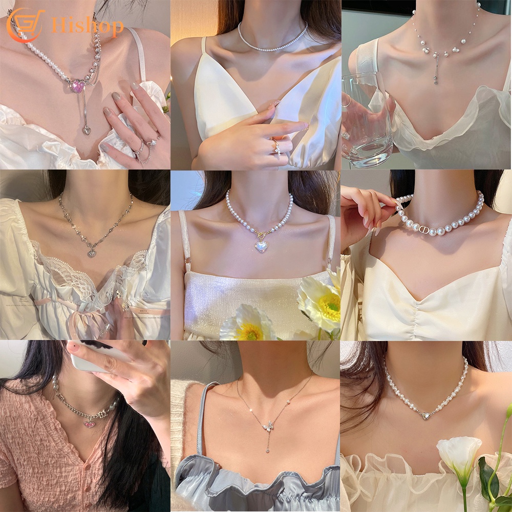 Korean Crystal Heart Pearl Pendant Necklace for Women Cherry Bear Butterfly Choker Jewelry Fashion Accessories