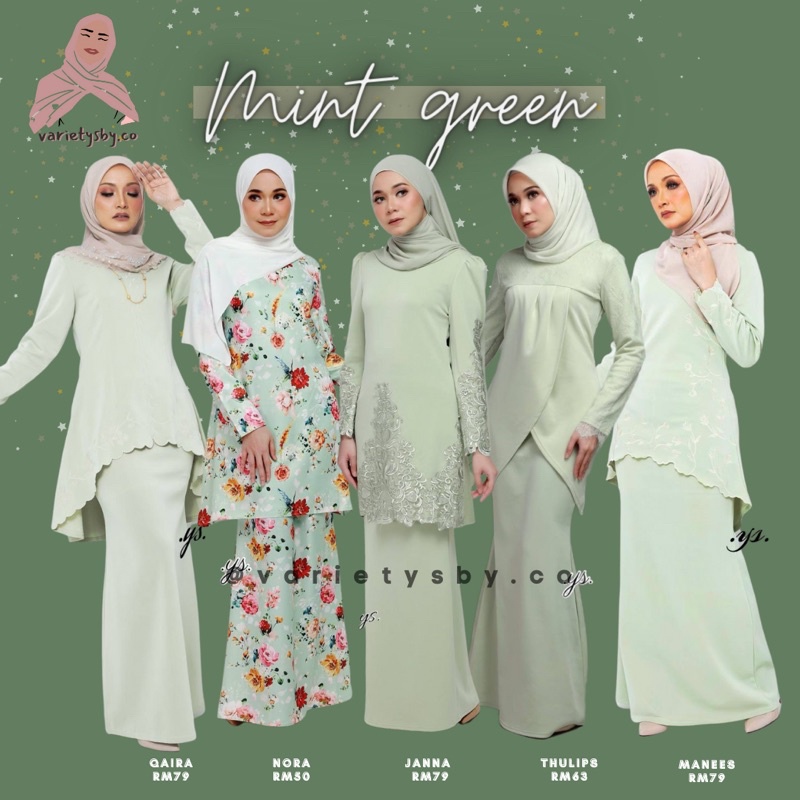 Baju Kurung Bunga Tabur Moden Warna Hijau Mint