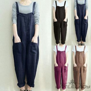 cotton and linen casual style suspender pocket jumpsuit