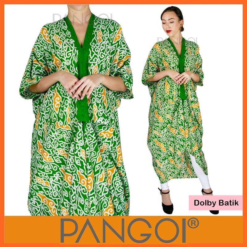 PANGOI Kain Dolby Batik  Long Kaftan Dress Hijau  Oren Corak  