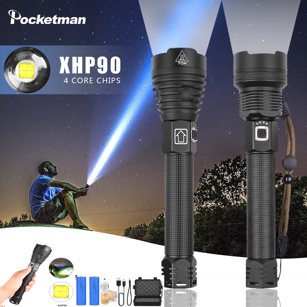 Powerful XHP90 LED Flashlight Lamp Zoom Torch USB Rechargeable Tactical