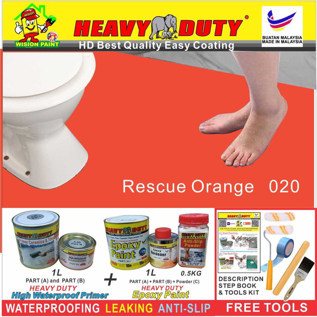 020 RESCUE ORANGE ( FULL SET EPOXY PAINT HEAVY DUTY ) TOILET TILES FLOOR ( 1L PRIMER / 1L EPOXY / 0.5 KG POWDER ANTI-SL