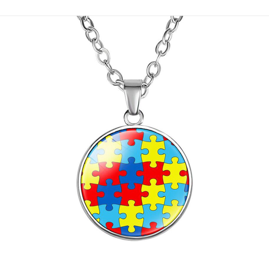 Alloy round shape Autism Red Ribbon Puzzle Pattern Pendant Necklace for autism children birthday gift