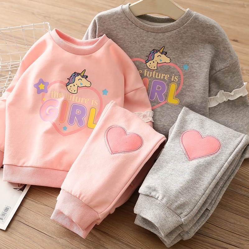 Ready Stock!2colors Children's Long Sleeve Unicorn Sweater Suit Spring and Autumn New Girls Cartoon Printed Leisure Sweater Pants Two Piece Set