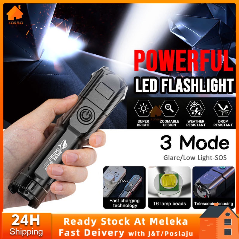 Zoomable Torch Light Super Bright Outdoor Lighting Waterproof LED Flashlight 3 Modes USB Rechargeable Lampu Suluh 手电筒