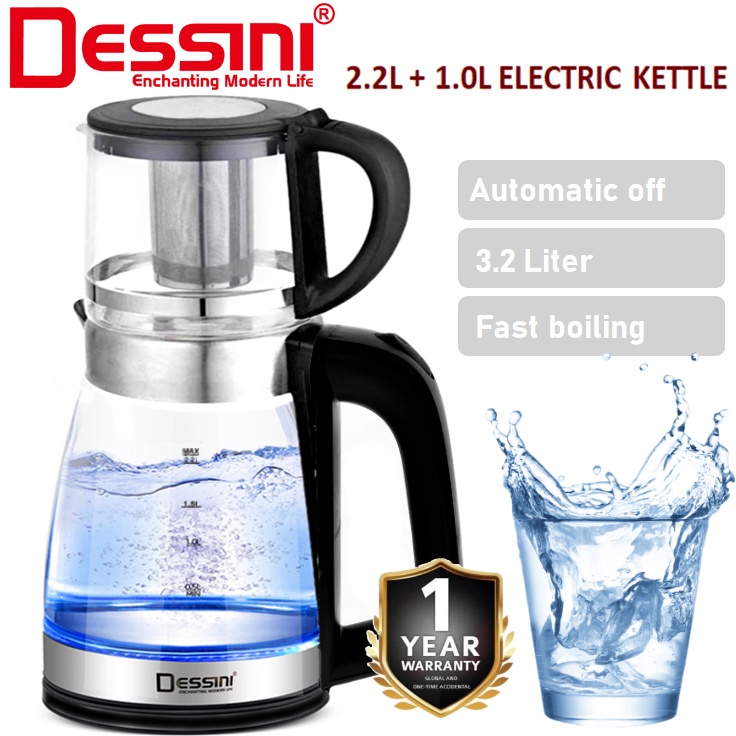 【ORIGINAL】 DESSINI ITALY 2.2L + 1.0L Glass LED Light Electric Kettle Automatic Cut Off Boiler Jug Teapot / Cerek