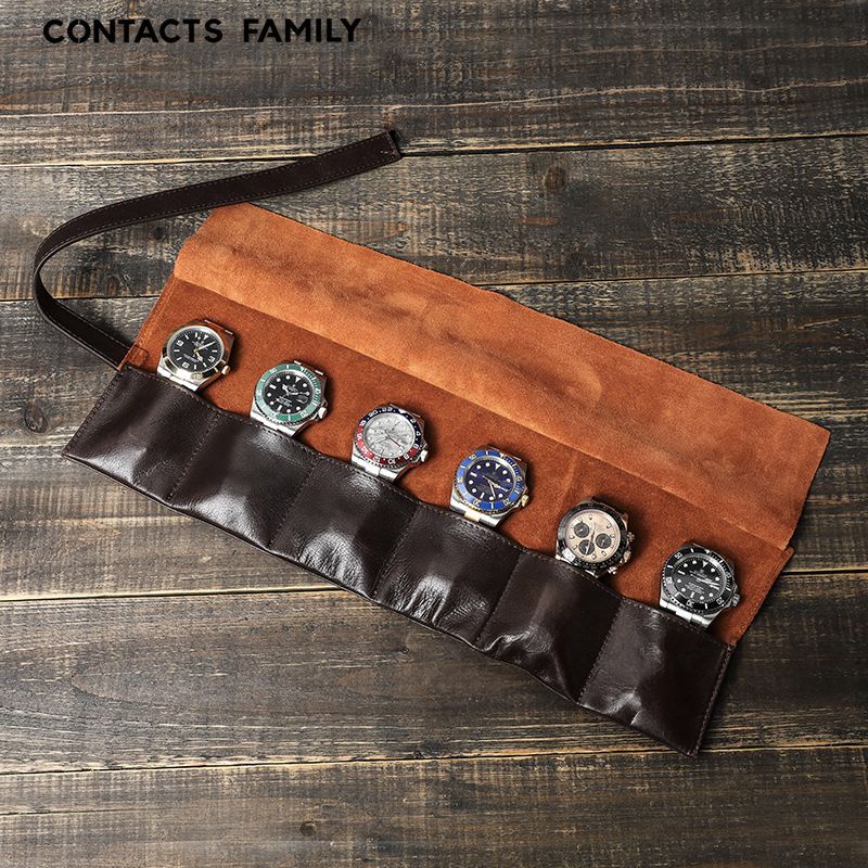 Ezego CONTACTS FAMILY Geniune Leather 6 Watch Roll Case Oil Nubuck Leather Watch Box Handmade Wristwatch Pouch Organizer