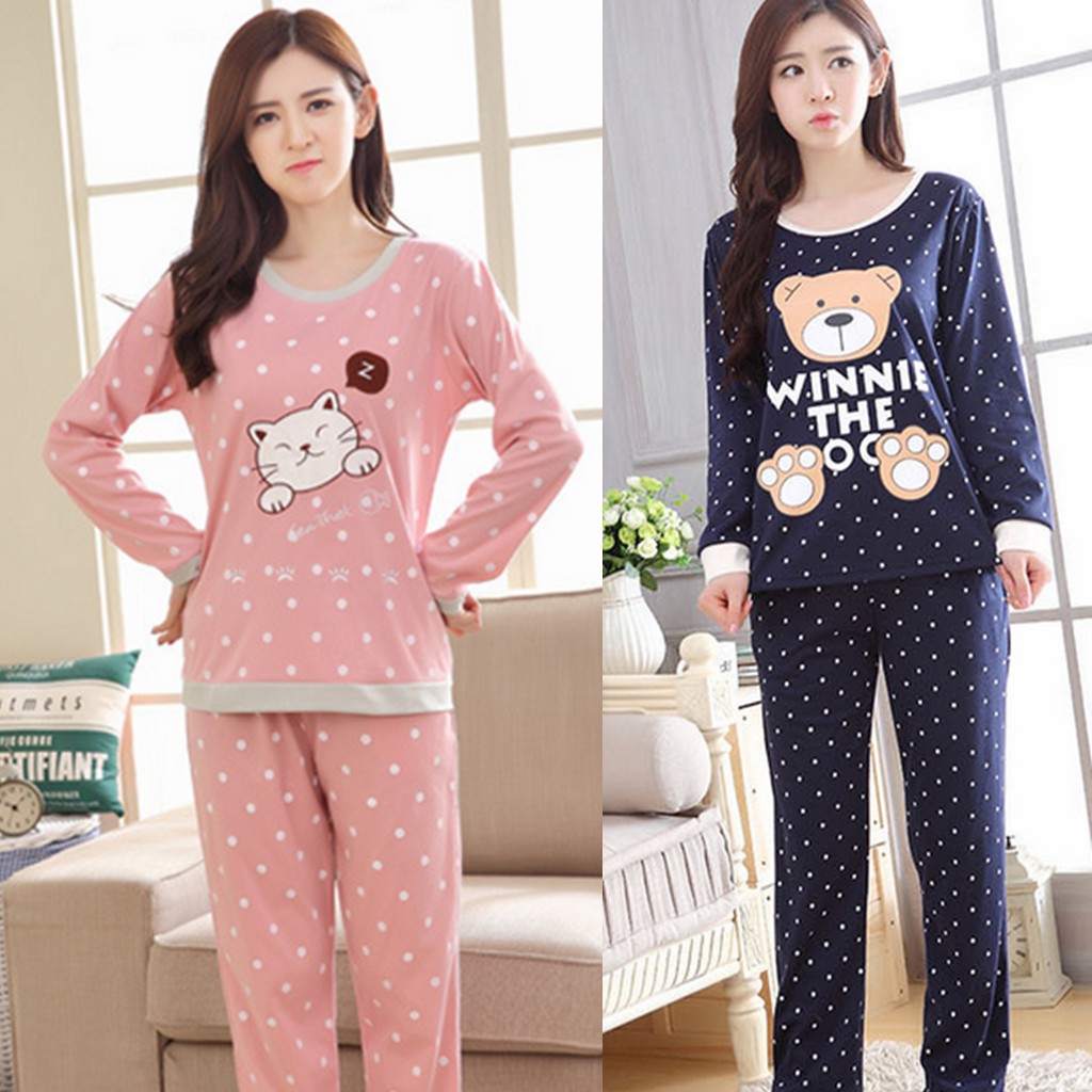 Women s Printed Long Sleeve Pajamas  Set Baju  Tidur  Wanita 