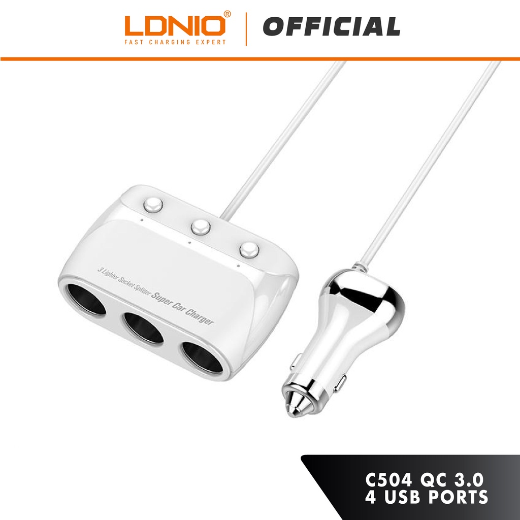 LDNIO C504 Socket Splitter Super Car Charger 160W 3 Lighter Sockets of Independent Switch & 4 USB Ports