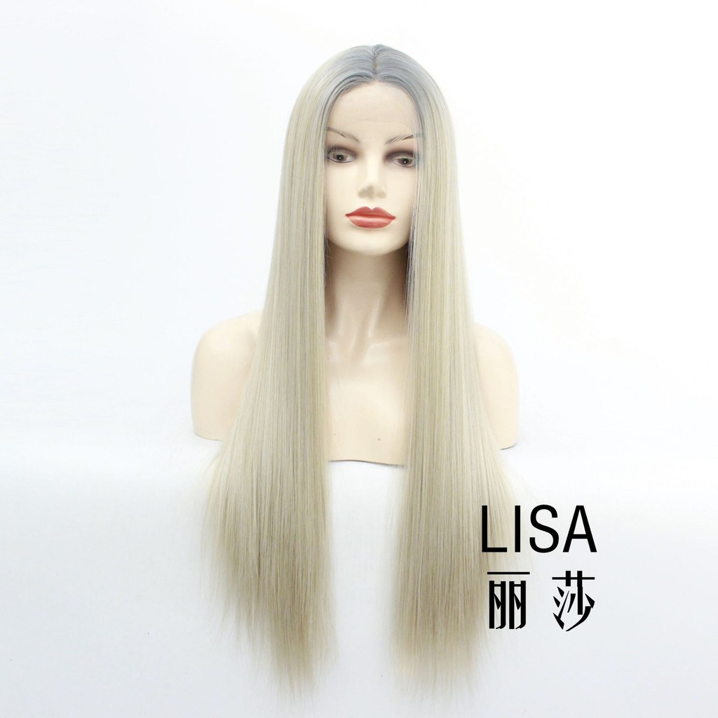 Women Lace Front Wig Straight Long Wig Natural Silver Blonde Wig