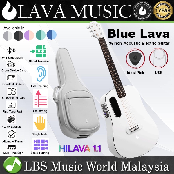 Blue Lava 36 Inch Acoustic Electric Smart Guitar with Built in Speaker and Touchscreen - Sail White