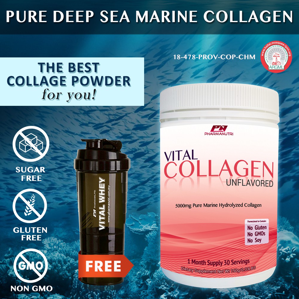 Vital Collagen Powder Halal 5000mg 30ser/150g+ Vital Shaker vs Asahi