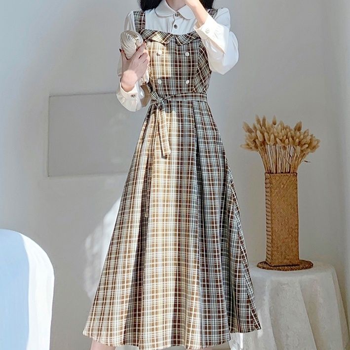 May Moon *Ready Stock Retro Brown Check Dress One piece Lonh Dress Long Sleeves Maxi Dress Women Dress