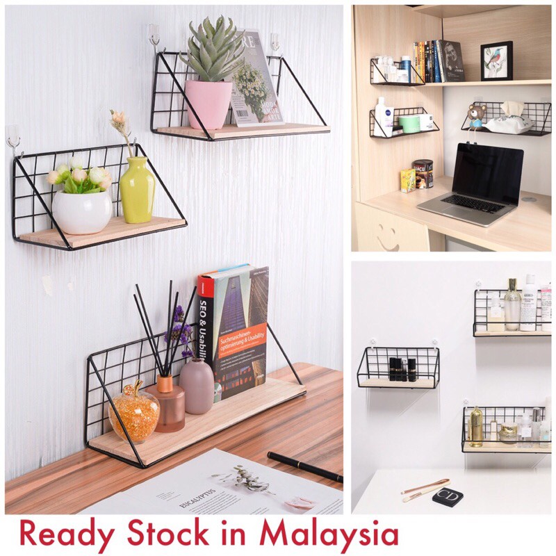 (Ready Stock) Grid Wall Shelf Wall Mounted Hanging Shelf Storage Holder Rack Wooden Iron Bedroom Wall Art shelve