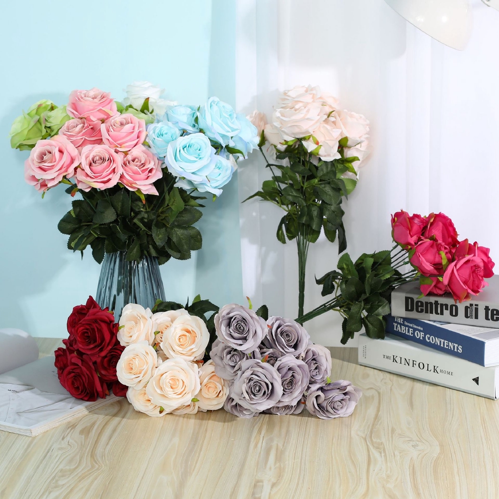 10 Heads Artificial Roses Flowers Arrangement Silk Bouquet Glorious Moral for Home Office Parties and Wedding Decoration