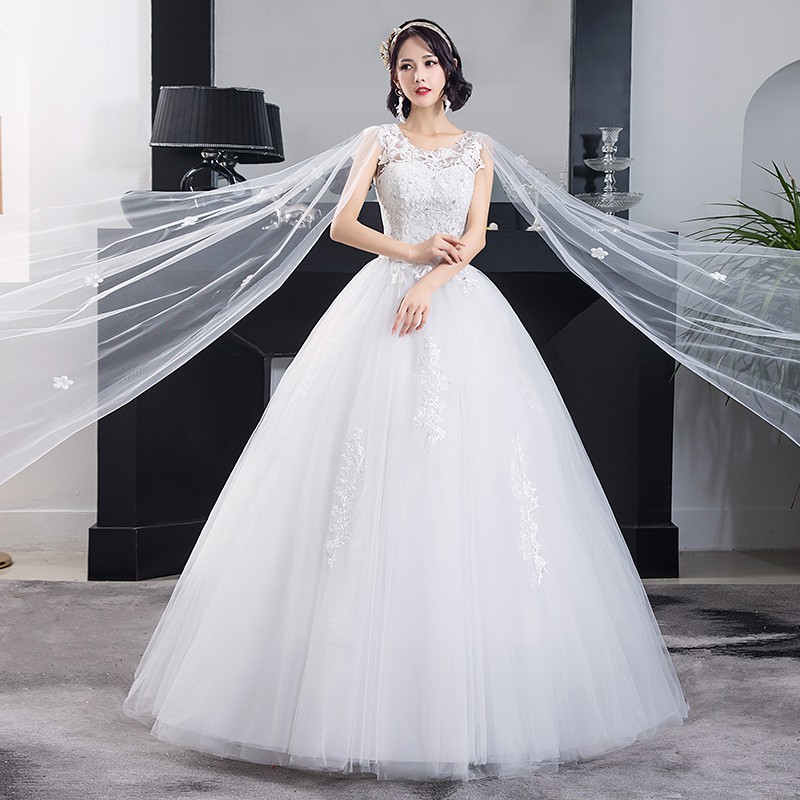White Elegant Lace Embroidery Shawl Wedding Gown Evening Dress