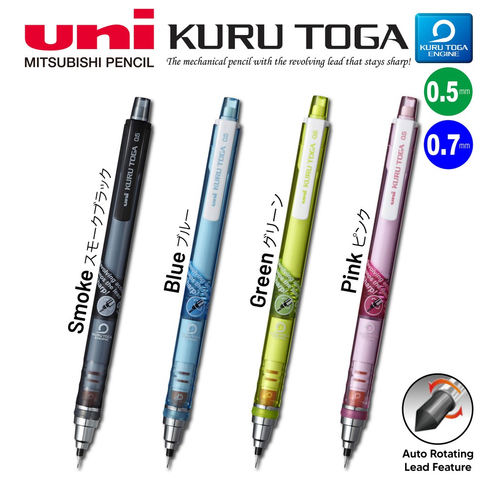 UNI Kuru Toga Mechanical Pencil 0.5mm Free Pencil Lead Set (Smoke/Blue