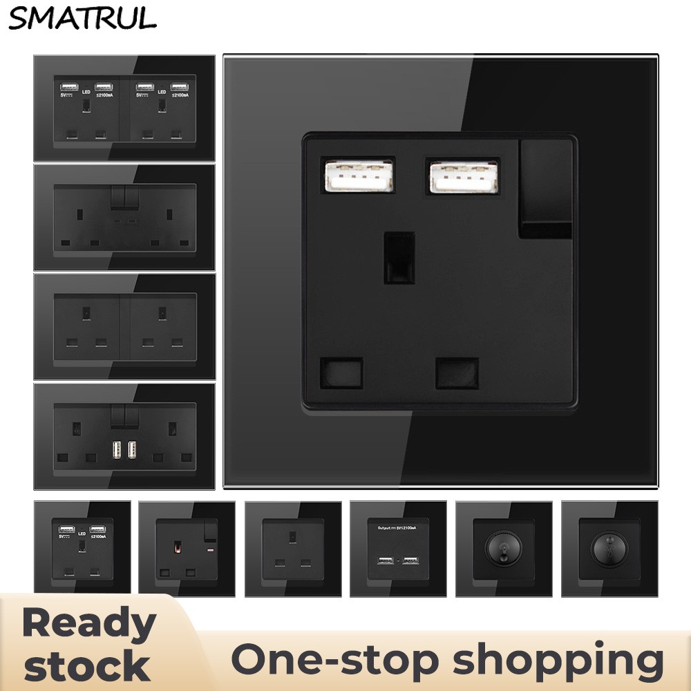 SMATRUL 13A UK Power Socket Wall Electrical Plug Socket Light Switch Black /White Tempered Glass