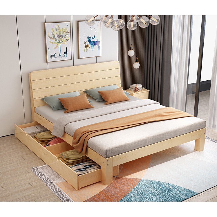 (With side drawer) Single / Queen / King size Australia Pine wood Bed