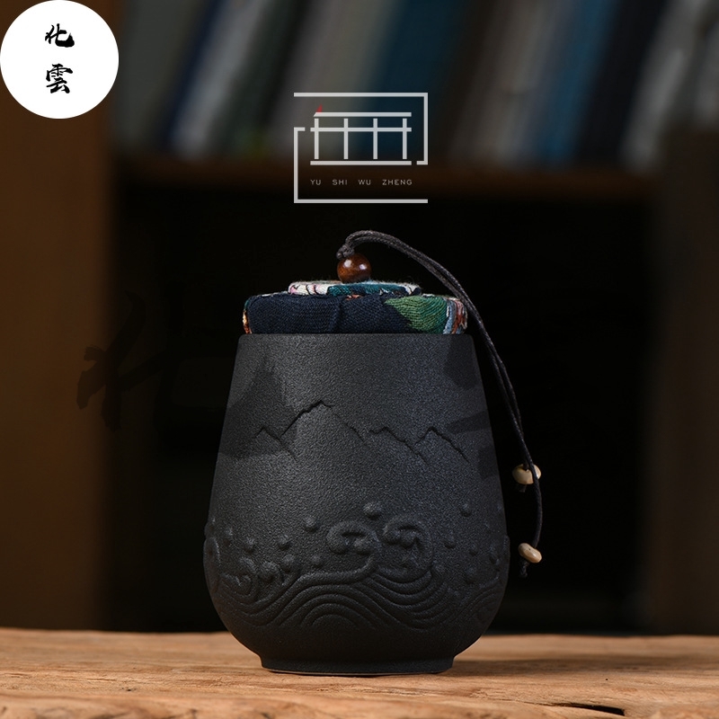 Small Small Black Pottery Tea Pot [Huayun] Japanese Style Tea Pot Travel Portable Cotton Stopper Creative Sealed Storage Pot Ceramic Handmade Tea Storage Pot Tea Ceremony