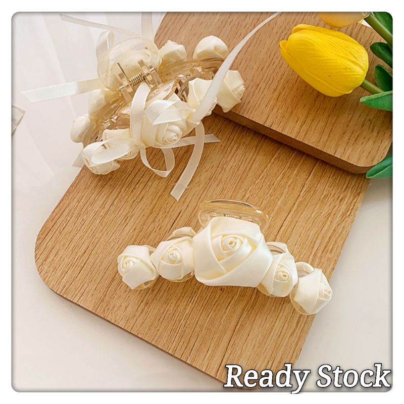 INS Korea Fabric Vintage Rose Flower Clip Fairy Bow Hair Clip Elegant Adult Clip Hair Accessory 韩版布艺玫瑰花抓夹仙女蝴蝶结发夹优雅成人抓夹发饰
