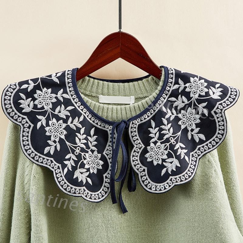 san* Embroidery Floral False Fake Collar Lace-Up Ribbon Big Shawl Necklace Capelet