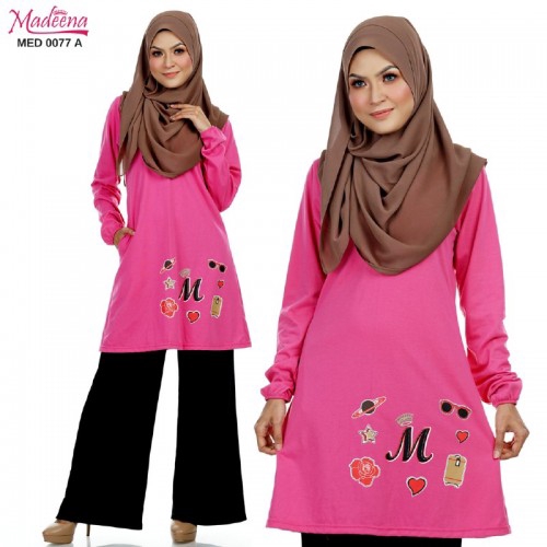 Tshirt Muslimah Pink Cotton Nursing Friendly Patches Side Pocket Cutting A cut Wuduk Friendly