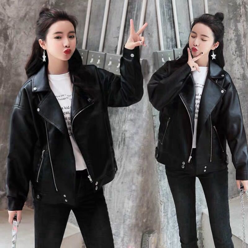 2022 Motorcycle Leather Jacket Women Loose BF Korean Version PU Leather Jacket EJ11