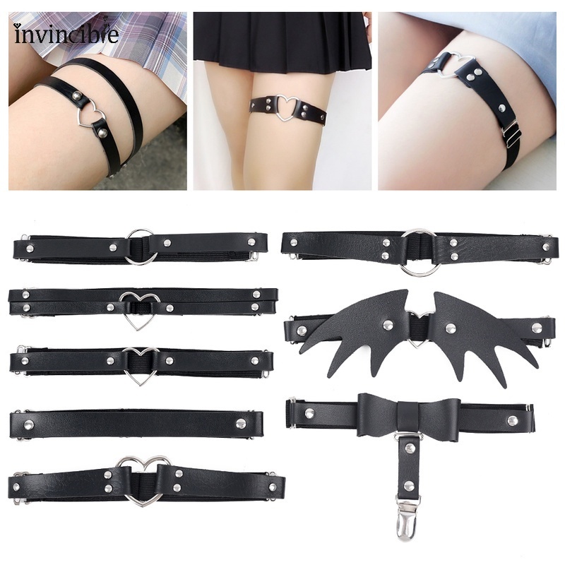 Black Pu Leather Heart Leg Garter Belt/ Women Adjustable Elastic Straps/ Thigh Harness Kawaii Gothic Accessories