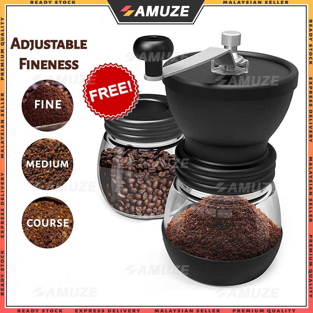 AMUZE Set Of 2 Washable Manual Ceramic Coffee Mill Stainless Steel Coffee Grinder With Free 2 Glass Bottles Containers