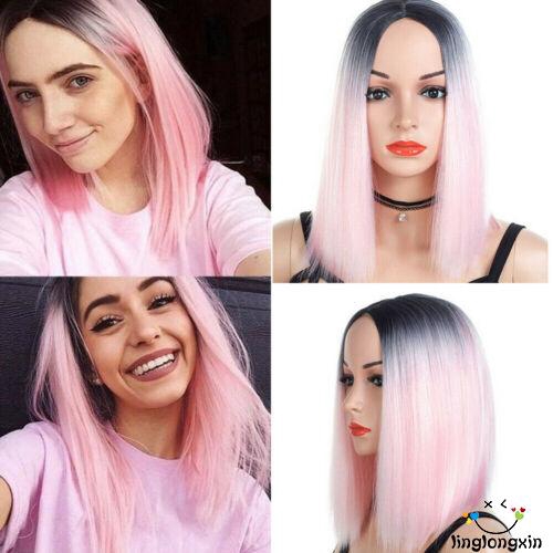 Sgm Women Fashion Wig Synthetic Ombre Pink Bob Hair Short Straight Curly Dark