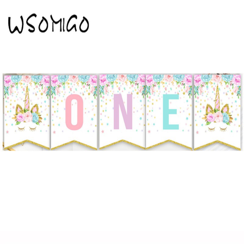 Baby Shower One Garlands Cartoon Unicorn 1st Birthday Banner For