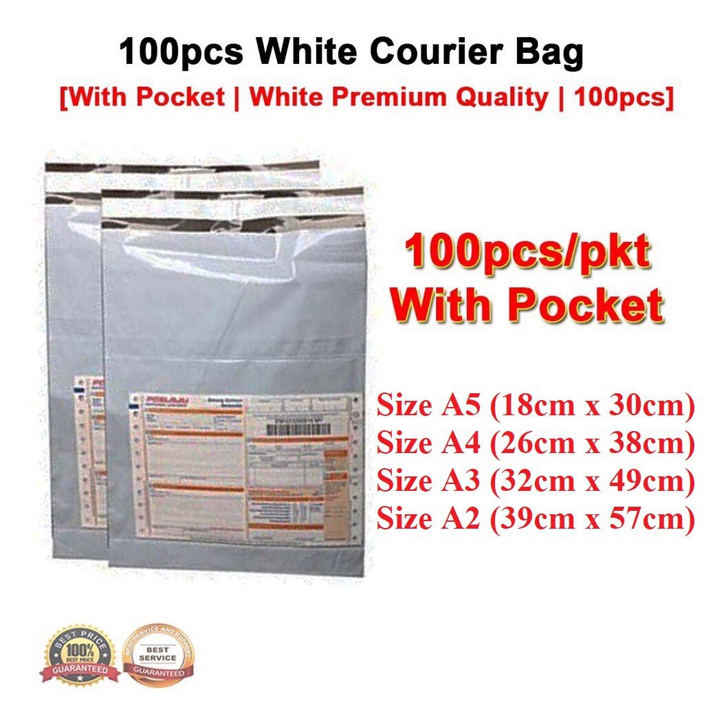 100pcs White Flyer Plastic Courier Parcel Bag with pocket/pkt Packaging