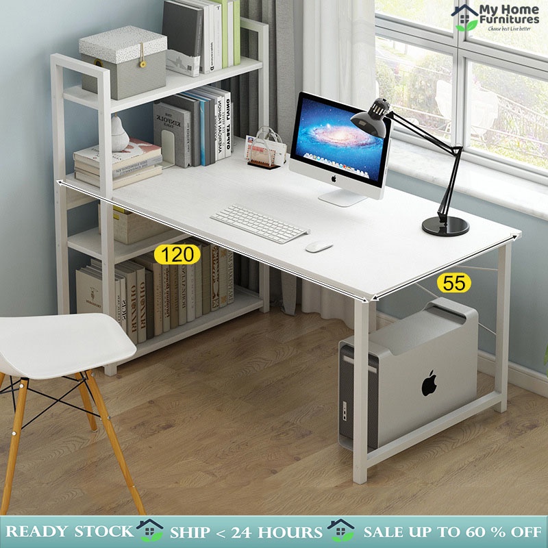 Computer Study Table With 4-tier bookshelf / Wooden Office & Writing Table Meja Belajar