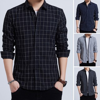 Men Shirt Cotton Long Sleeve Shirt Plaid Men Slim Fit Kemeja Lelaki Business Formal Checkered Shirt