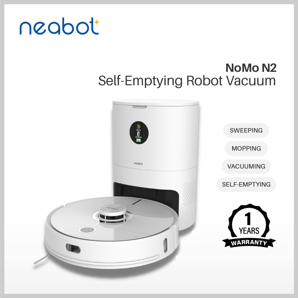 Neabot Smart Robot Vacuum and Mop NoMo N2 Self-Emptying Dustbin Google Home Assistant Amazon Alexa (White)