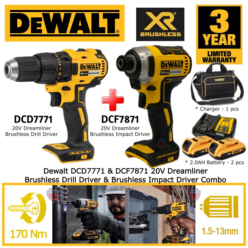 DEWALT DCD7771D2-B1 20V Brushless Cordless Drill Driver & DCF7871D2-B1 ...