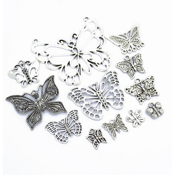 12PCS Mixed Style Dangle Vintage Silver Butterfly Charm Pendants For