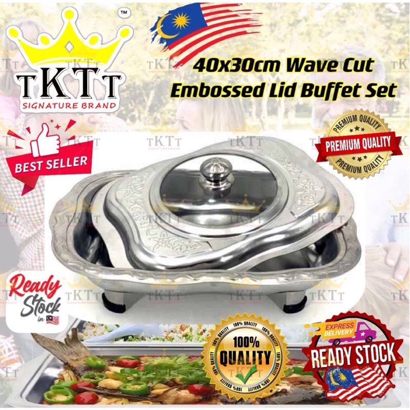 2.TKTT ™️ 40x30 Wave Embossed Stainless Steel Buffet Set Catering Serving Tray Food Pan Bekas Lauk Katering Serbagun