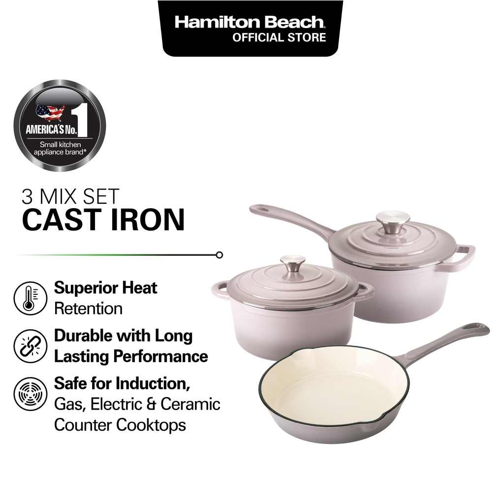 [Bundle] Hamilton Beach 3pcs Cast Iron Pots & Pans Set 8in Fry Pan, 1.9L Sauce Pan, 4.7L Dutch