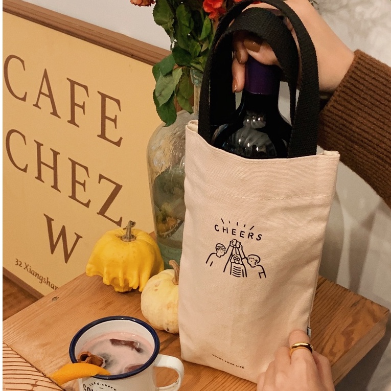 Ohaya cheers Canvas Bag Umbrella Cup Milk Tea Red Wine Thermos Storage Tote Eco-Friendly Shopping