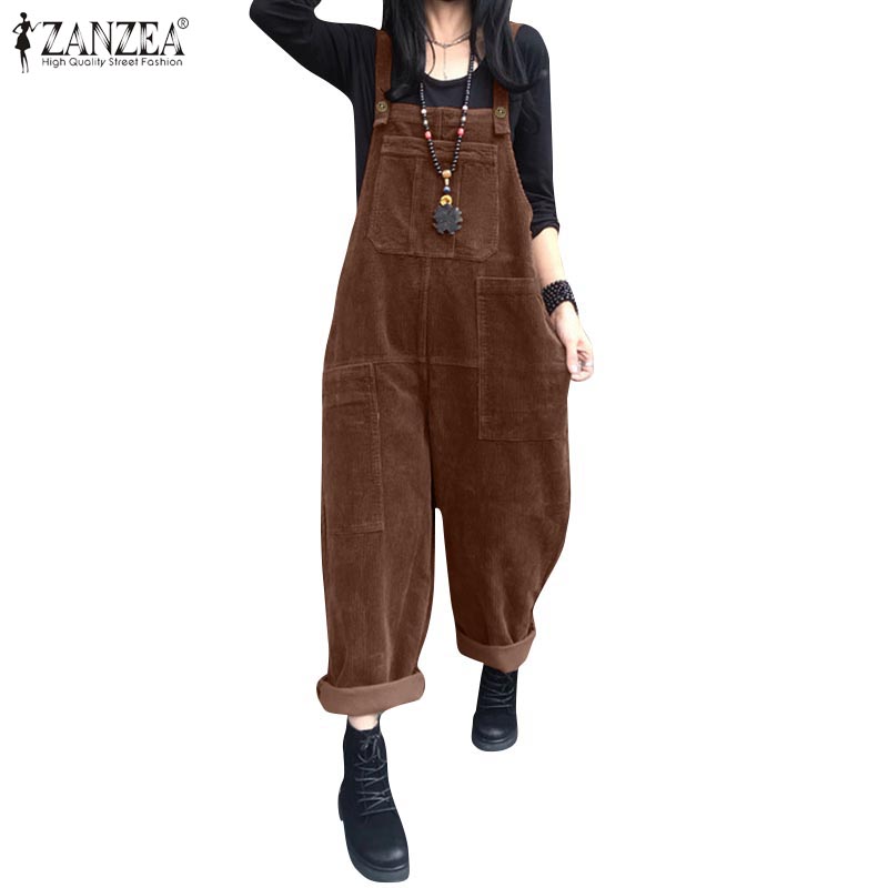 ZANZEA Women Sleeveless Casual Corduroy Wide Leg Jumpsuits
